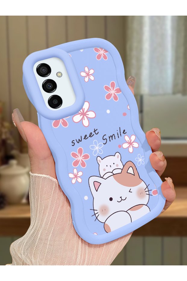 Samsung Galaxy M23 Compatible Case Camera Protector Blue Silicone Couple Phone Case Cat Pattern