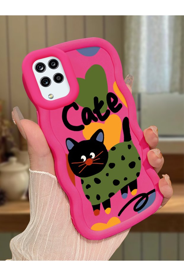 Samsung Galaxy M12 Compatible Case Camera Protector Red Silicone Couple Phone Case Cat Pattern