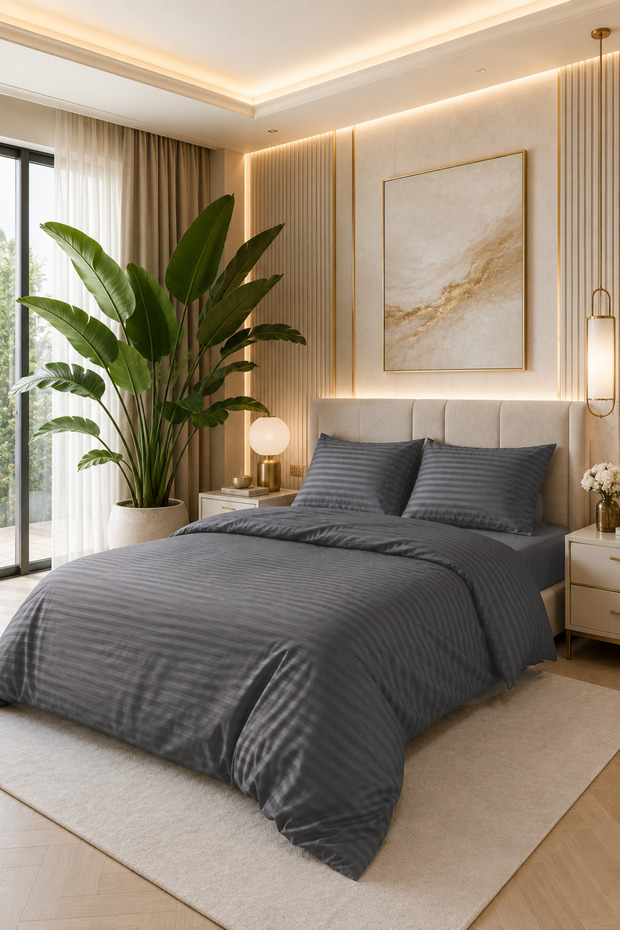 Aurelia Linea Anthracite 100% Cotton Satin Striped Single Duvet Cover Set