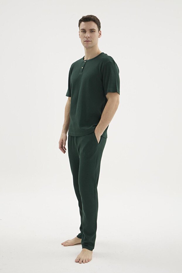 Men's Short Sleeve Half Buttoned Green Pajama Set C1T5N162