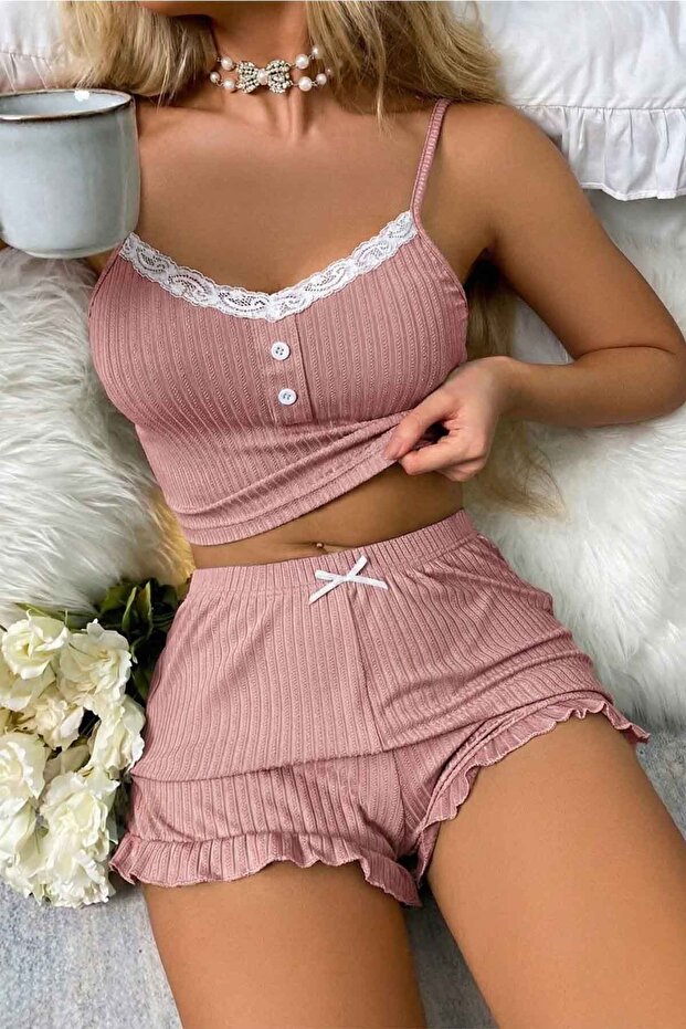 Lace Strap Crop Top and Ruffle Hem Mini Shorts Pajama Set