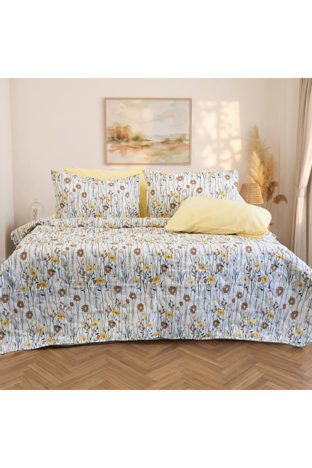 Double Daisy Patterned Multi-Purpose Bedspread Set (Pique Set) with 4 Pillowcases & Elastic Sheets