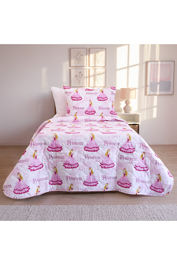 Single Floral Patterned Multi-Purpose Bedspread Quilted +2 Pillowcases + Elastic Sheets (Pique Set)