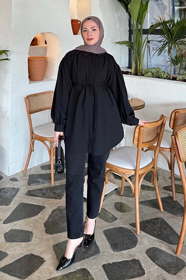 Tie-Detail Hijab Shirt Black