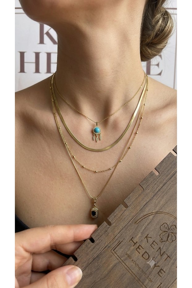 Gold Color 4-Piece Combination Multiple Women's Necklace Set (Turquoise & Navy Blue Stones)