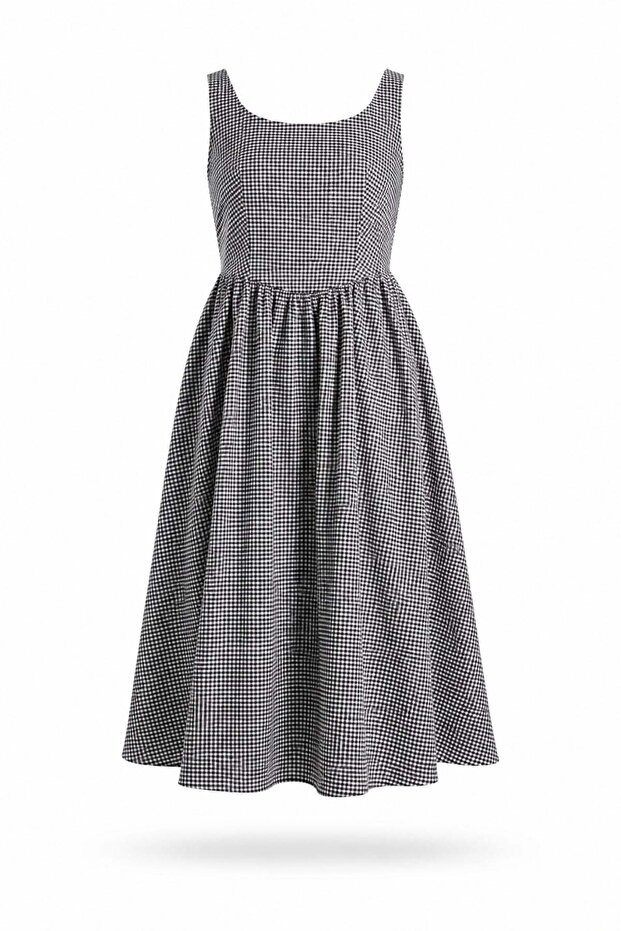 Black Gingham Patterned Dress 12464