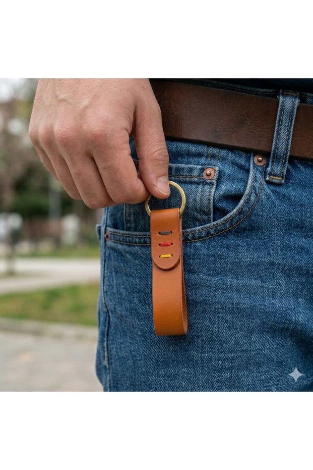 Keychain, Colorful Stitched Handmade Leather Tan Color