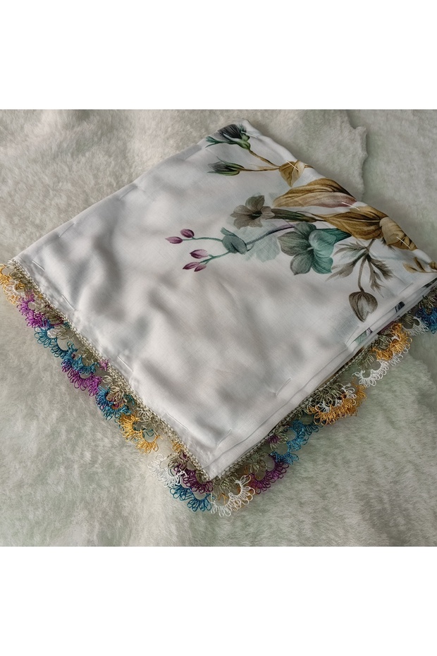 Brand Handcrafted Needle Embroidered Writing 100% Cotton Muslin – 4 Sides Embroidered Elegant Headscarf 100X100 cm