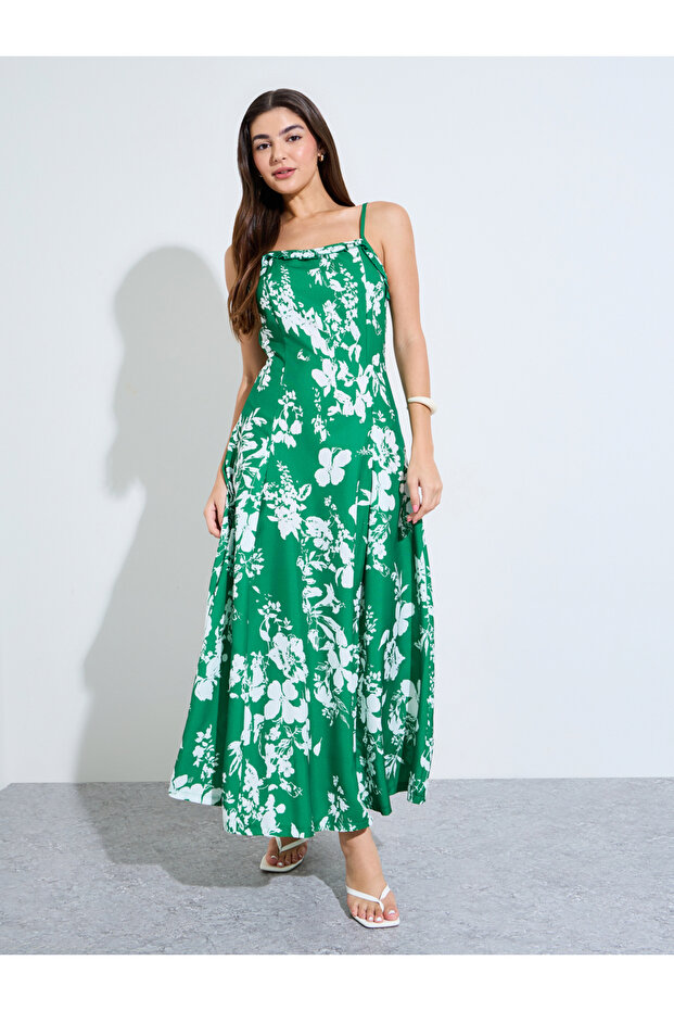 Green Floral Strappy A-Line Maxi Dress