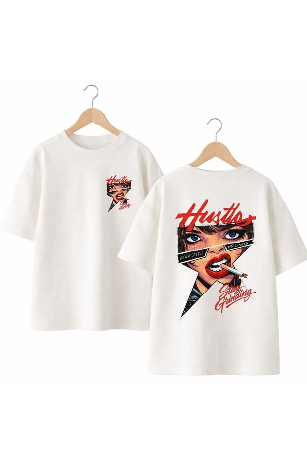 Blue Eyes Girl Printed on the Back and Front Chest 100% Cotton Oversize Loose Regular Fit Crew Neck T-Shirt