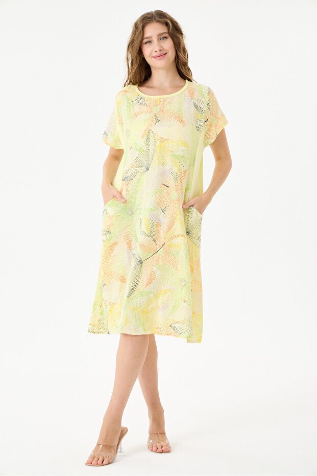 Yellow Italian Floral Patterned Double Side Pocket Dress 38 - 44 Size