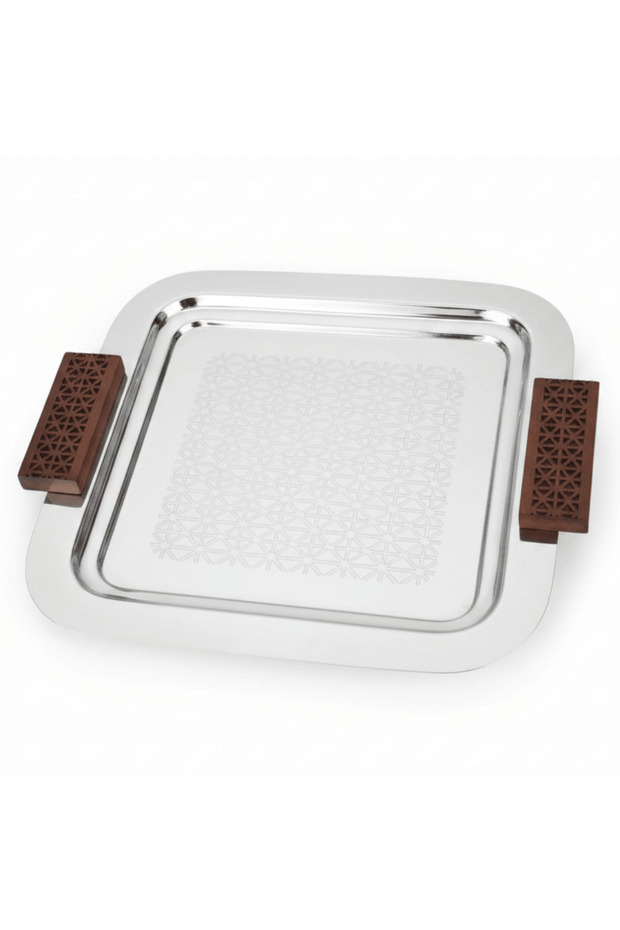 Luhpar Silver Square Stainless Steel Serving Tray with Wooden Handles – 30×30 cm