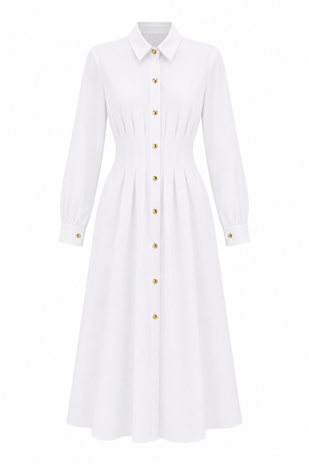White Poplin Shirt Dress with Gold Buttons and Pencil Skirt