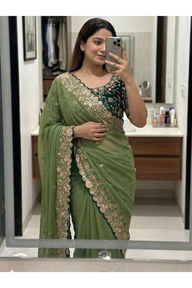 Lime Green Georgette Saree - FFT8629 | Lime Green