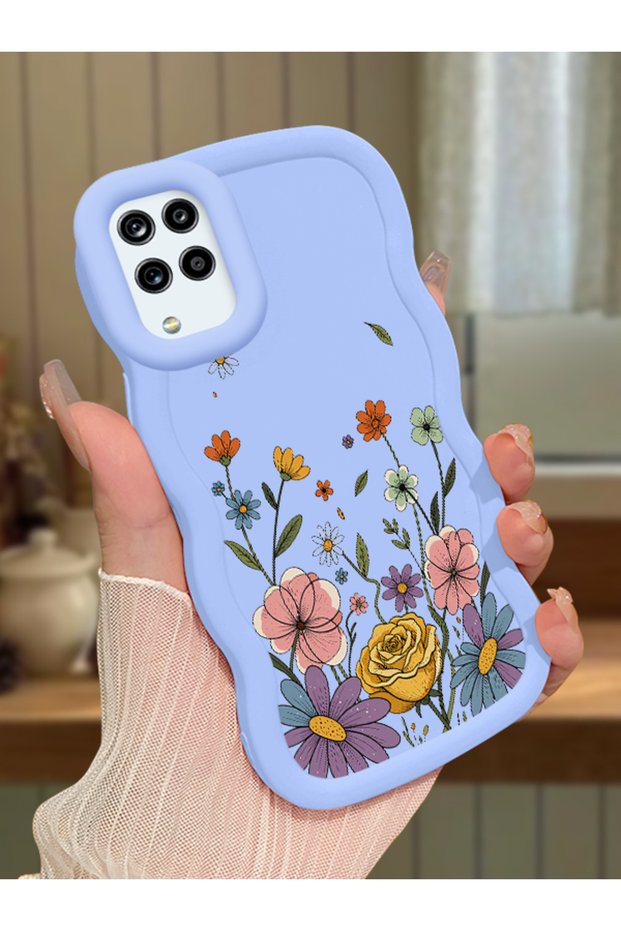 Samsung Galaxy A12 Compatible Case Camera Protector Blue Silicone Couple Phone Case Floral Pattern