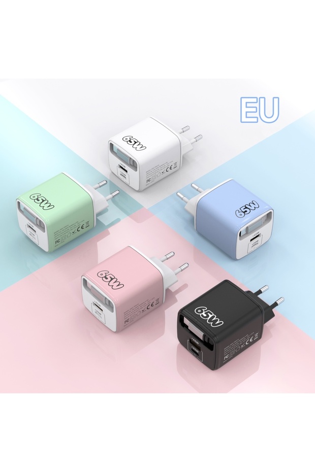 شاحن USB-C أبيض بقوة 65 واط مع قابس أوروبي وكابل USB-C قابل للتمديد، شحن سريع 3.0، محول حائط للهاتف