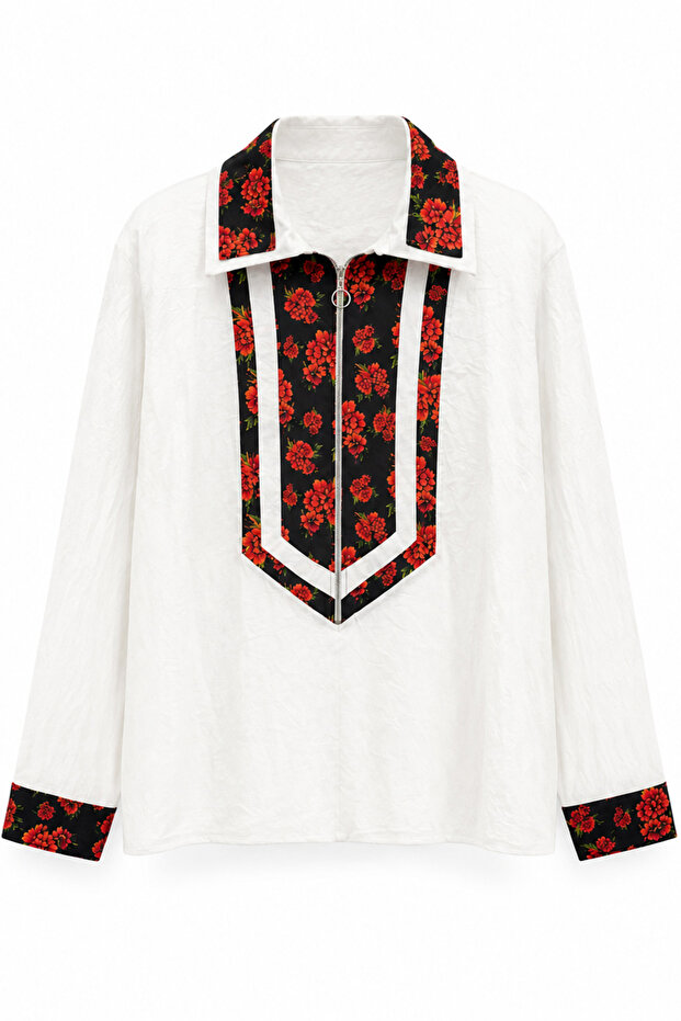 Niche Design Embroidered Zipper Closure Shirt White