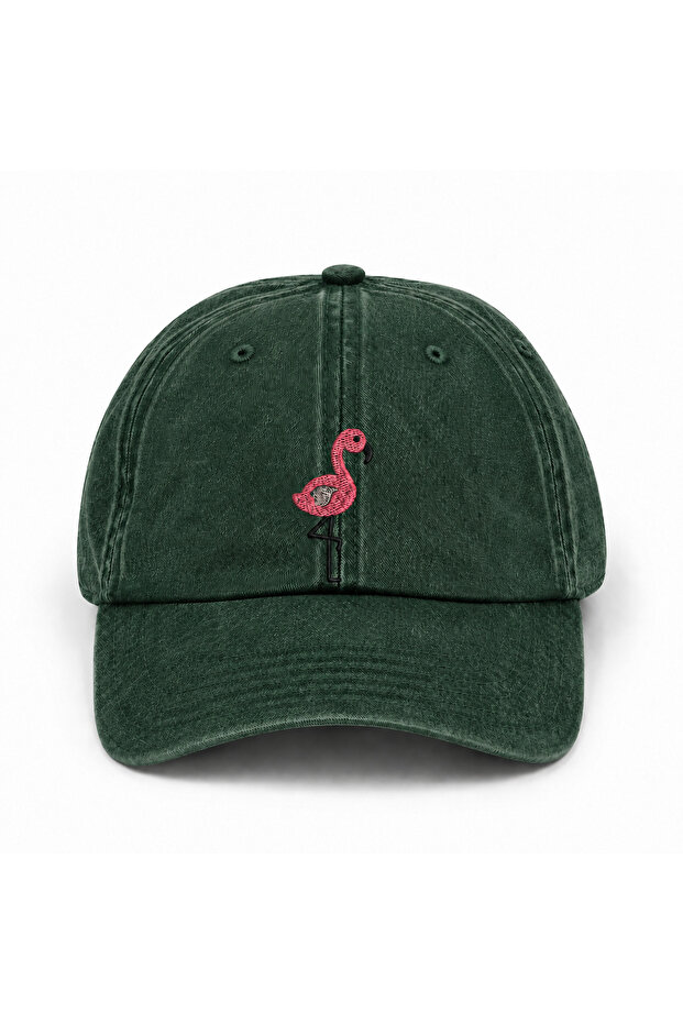 Flamingo Embroidered Unisex Cotton Vintage Washed Adjustable Cap Hat (Flamingo Embroidered Hat)