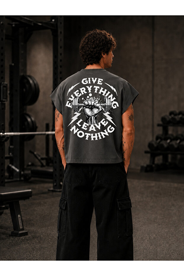 Gym Sporcu Give Everything Leave Nothing Printed Oversize Worker Boxy Fit Sleeveless Crew Neck T-Shirt