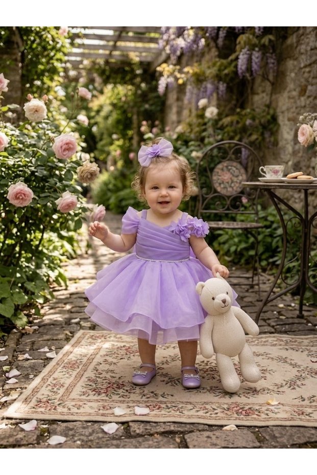 3D Floral Appliqué Detailed Bowknot Baby Girl Special Occasion Evening Dress