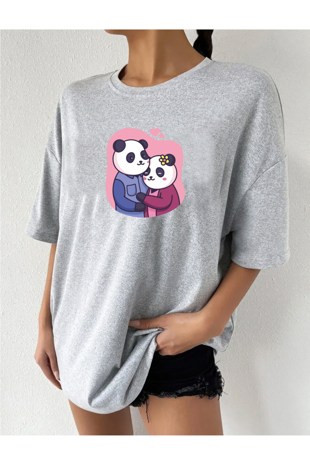 Love Pandas Design Printed Oversize Combed Cotton T-Shirt
