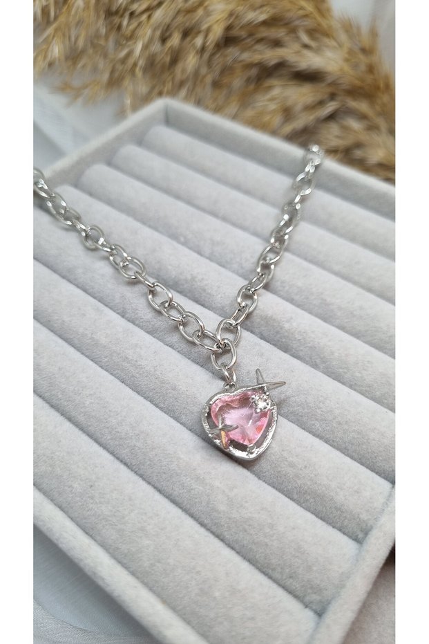 Silver Color Thick Chain with Pink Stone Heart-Shaped Steel Women's Necklace - Tarnish-Resistant Jewelry