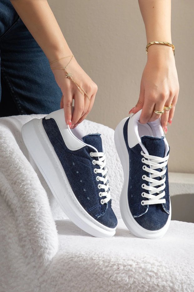 Spectra-01 Daily Lace-Up Orthopedic Women's Sneaker White Blue Denim