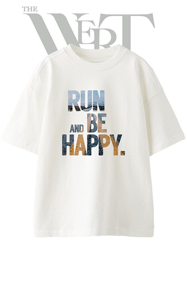 Run Happy Road Design Printed Unisex White Oversize T-Shirt