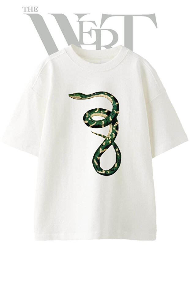 Green Snake Design Printed Unisex White Oversize T-Shirt