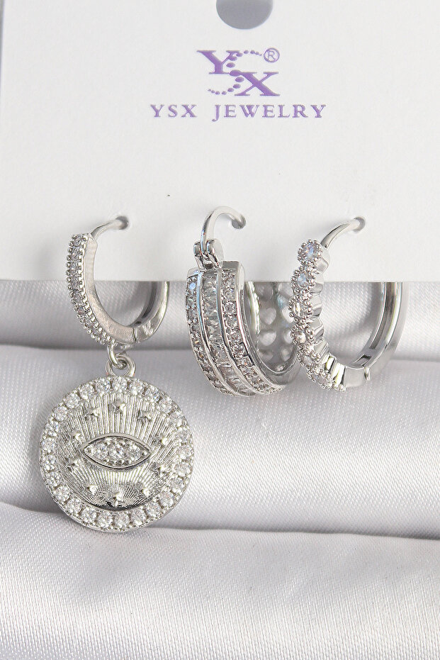 Brass Silver Color Zircon Stone Eye Embroidered Ring Model 3-Piece Women's Combination Earrings