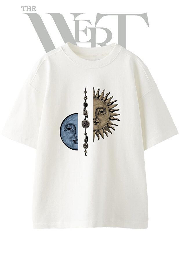 تي شيرت أبيض كبير الحجم مطبوع بتصميم Sun Moon_1 للجنسين