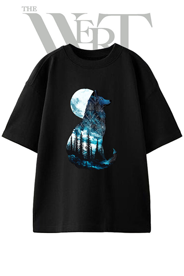 Wolf Forest_1 Design Printed Unisex Black Oversize T-Shirt