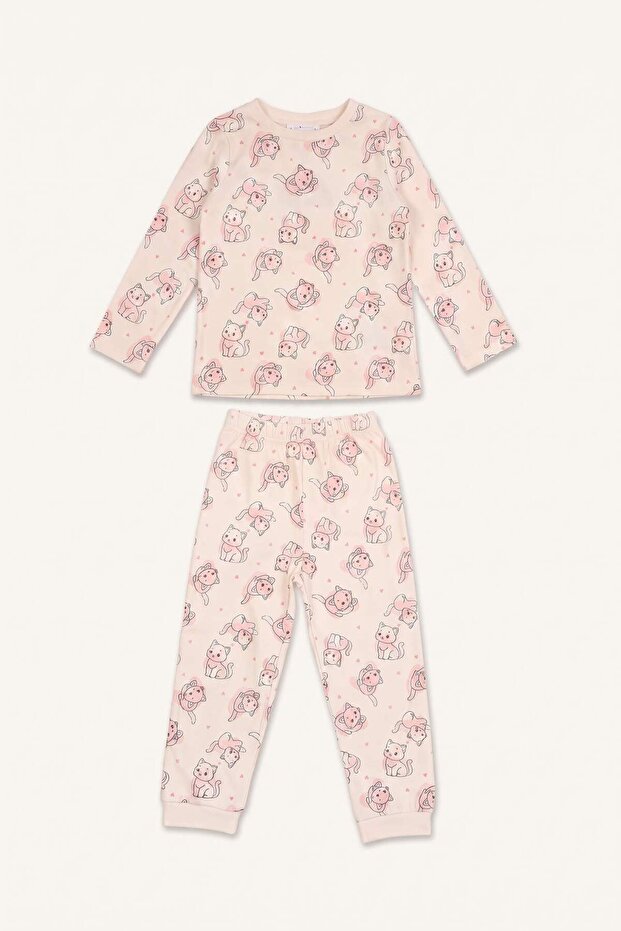 100% Cotton Cat Printed Crew Neck Long Sleeve Pajama Top Flexible Waisted Long Pajama Bottom 2-Piece Pajamas