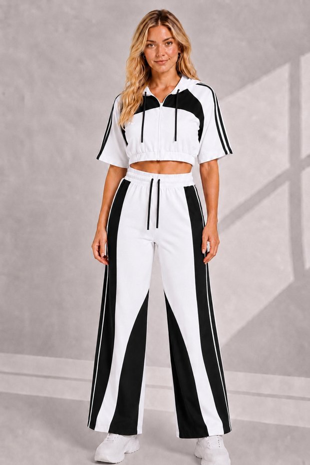 Women's Hooded Zipper Short Sleeve Crop Top High Waist Wide Leg Stripe Detailed Tracksuit Set
