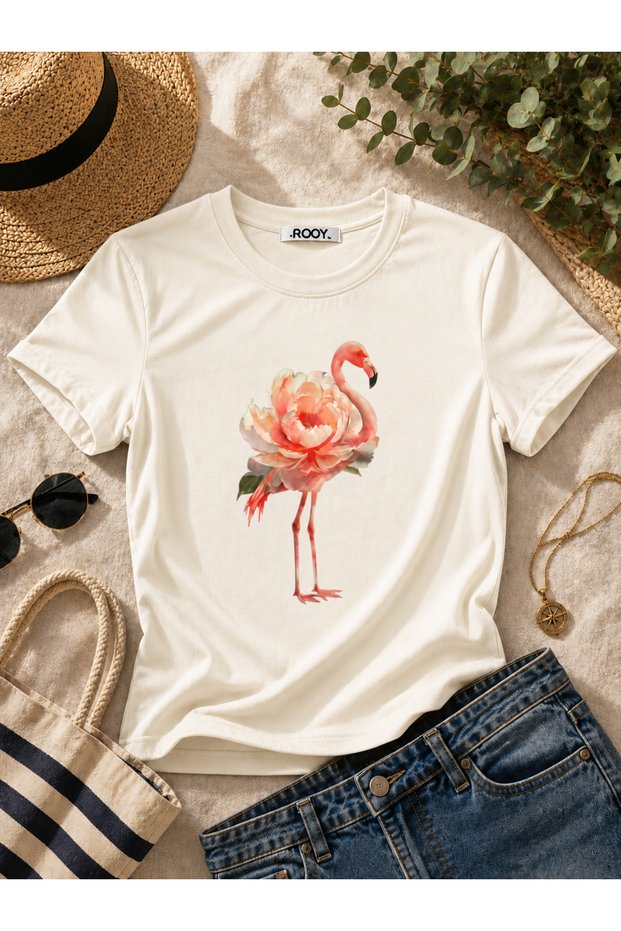 Women's Flamingo Printed Lycra Short Sleeve Body Tee Crop T-Shirt