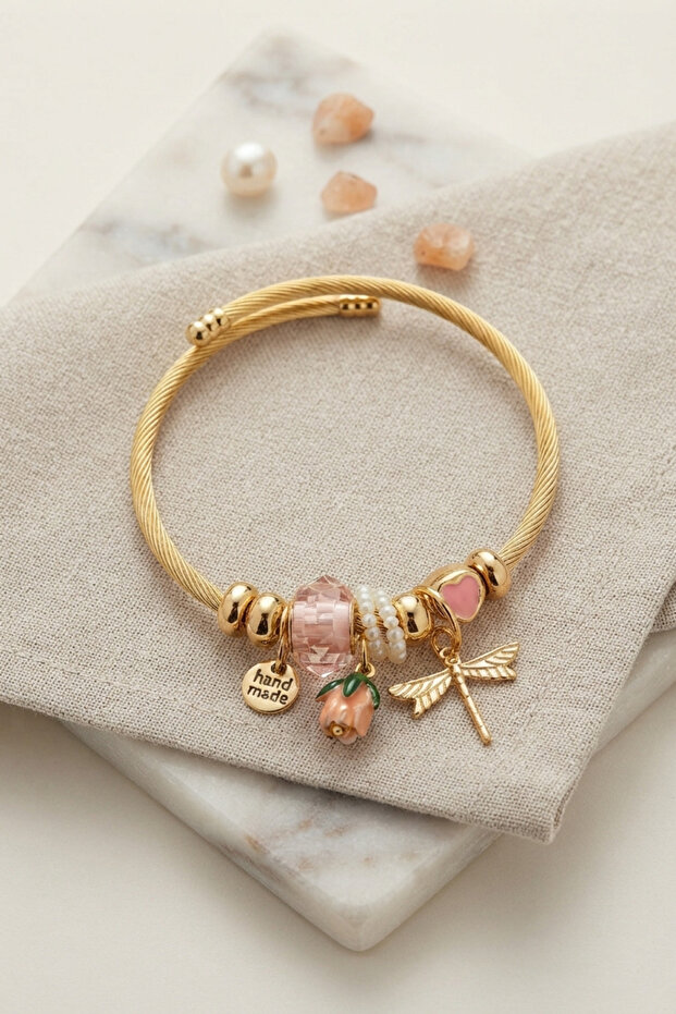 Dragonfly and Pink Charm Bracelet -