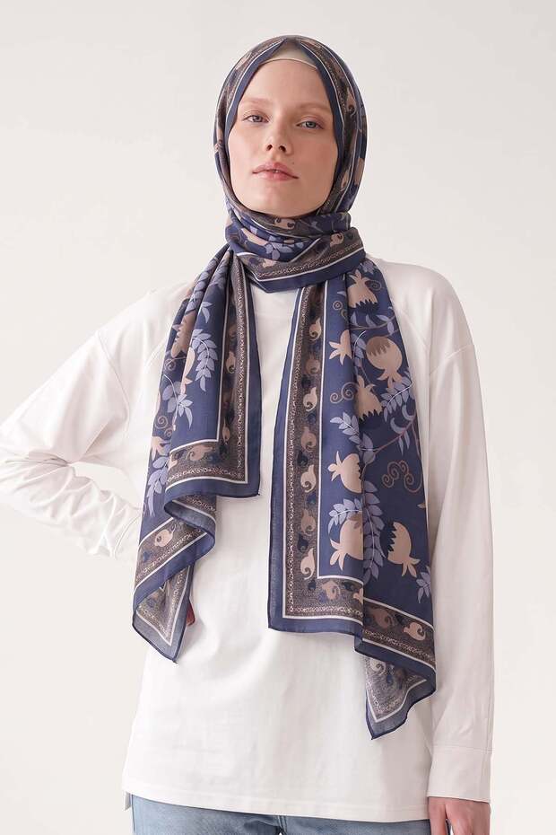 Navy Blue Pomegranate Patterned Royal Shawl