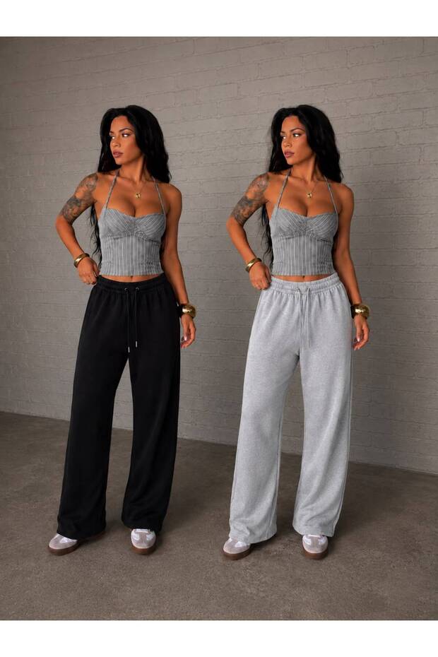 Two Pieces Black+Gray High Waist Baggy Sweatpants Comfortable Fit