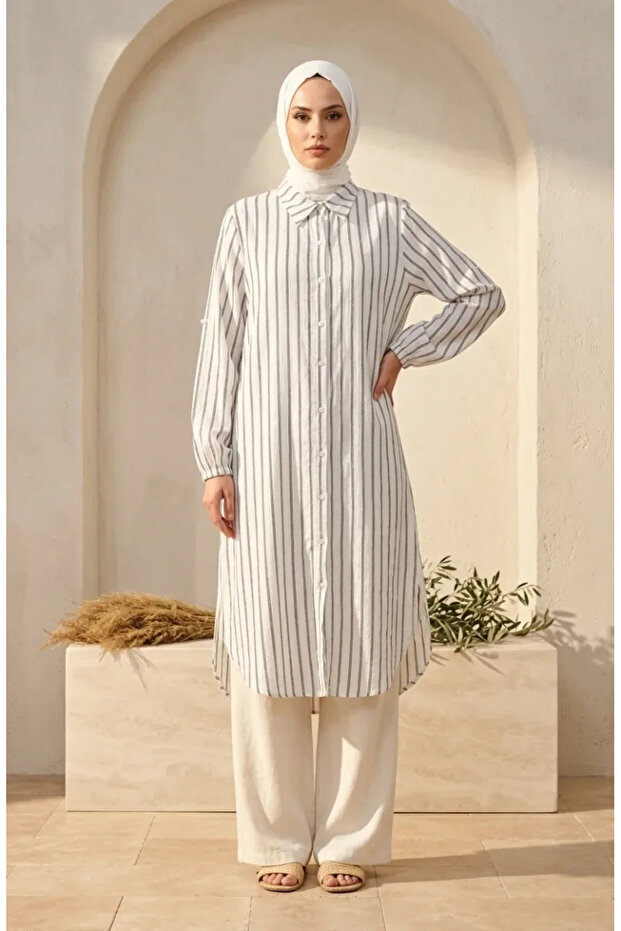 Muslin Fabric Buttoned Striped Tunic 0342-11 White