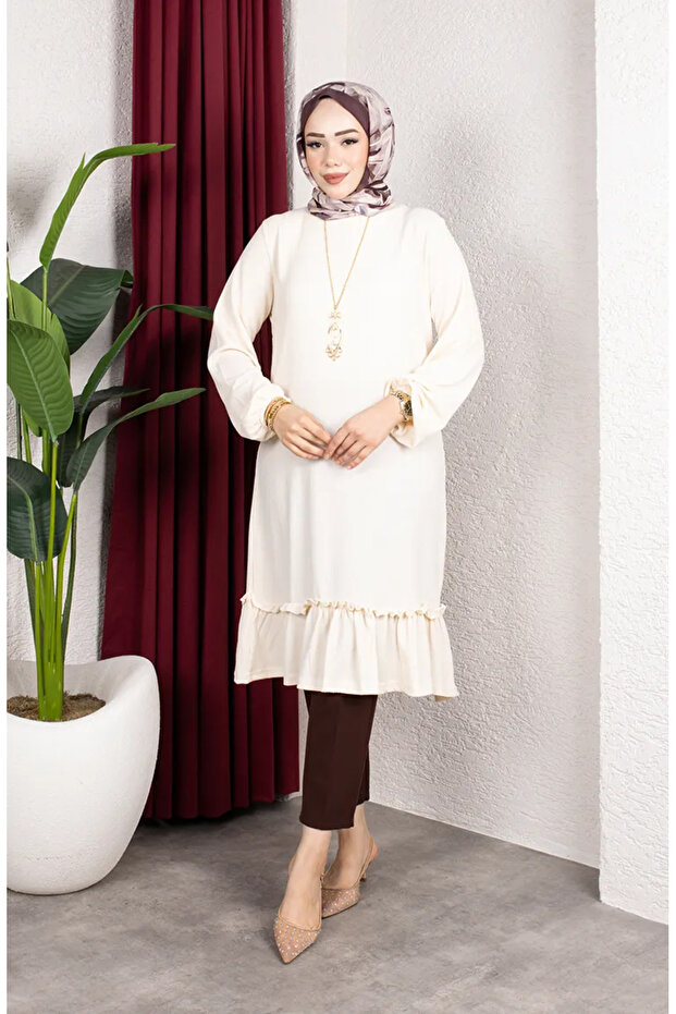 Bürümcük Fabric Skirt Gathered Tunic 0903-05 Ecru
