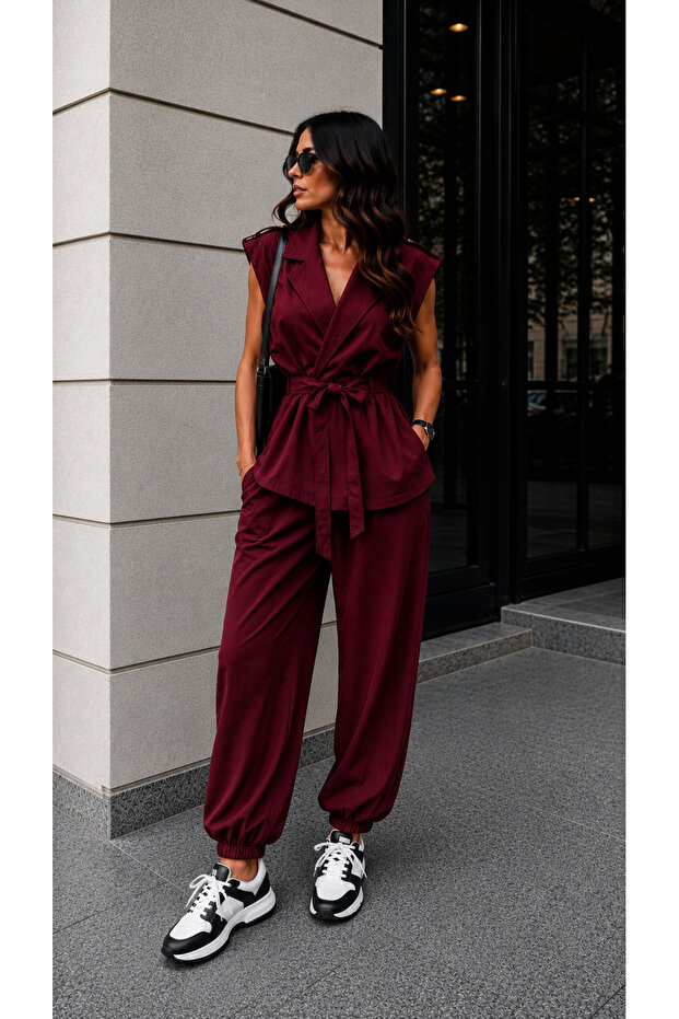 Women's Kuruvaze Collar Shoulder Button Detail Belted Double Suit