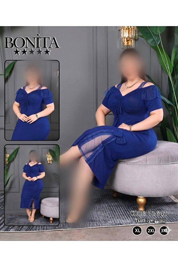 Plus Size Tulle Detailed Off-The-Shoulder Cobalt Blue Midi Dress
