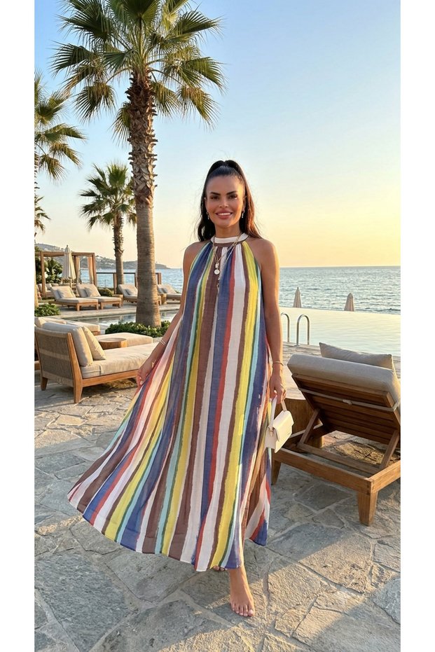 Halter Collar Multi-Colored Striped Blue Dress