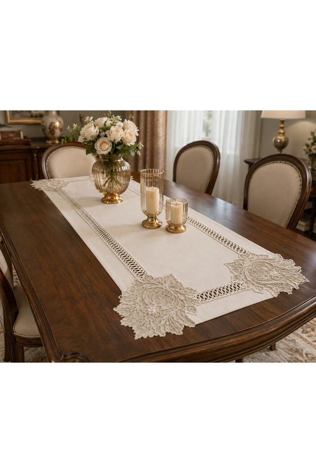 Off-White Lace Detailed Dowry Table Runner with Sleeve Detail |   40 X 160 |   Model Optional |   Dertsiz