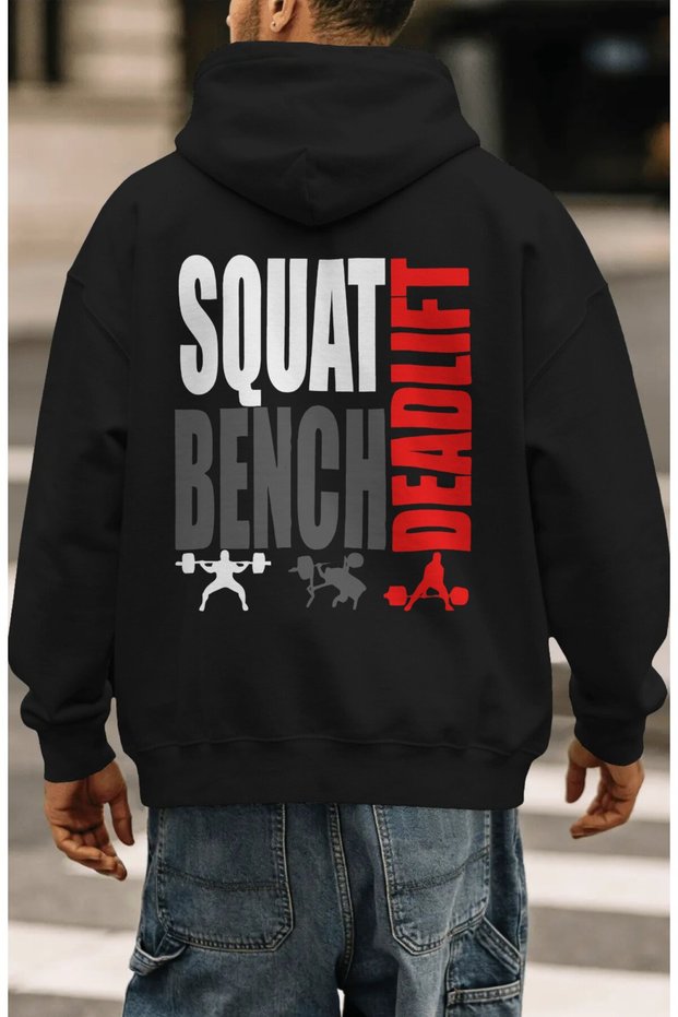 Squat Bench Deadlift Fitness Gym Bodybuilding Athlete Back Printed Unisex Oversize Combed Cotton Hoodie