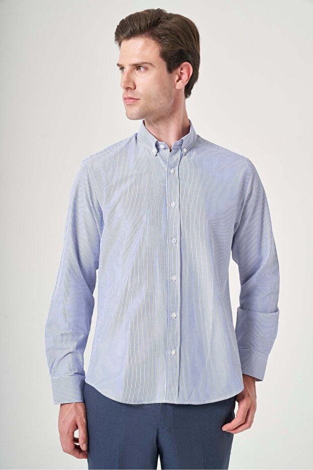 Buttoned Collar Long Sleeve Pocketless Slim Fit Cotton Shirt 1004260205