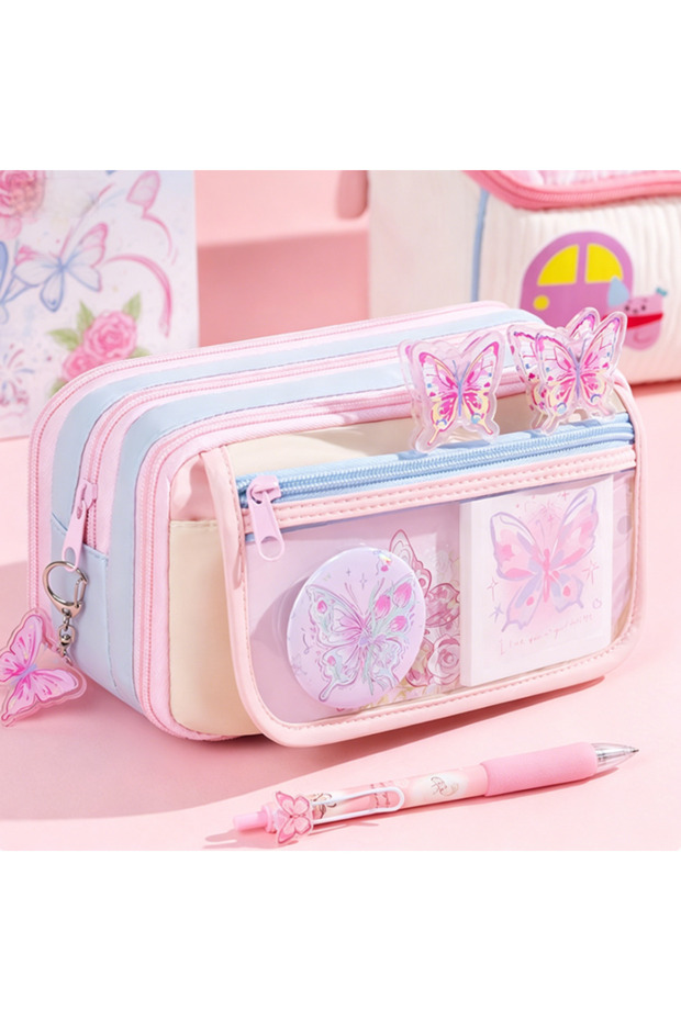 Pale Pink Pastel Butterfly Print Pencil Case, Large Capacity Transparent Stationery Bag with Multi-p