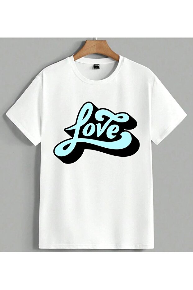 Love Yazisi Blue Script Printed Unisex Oversize T-Shirt White