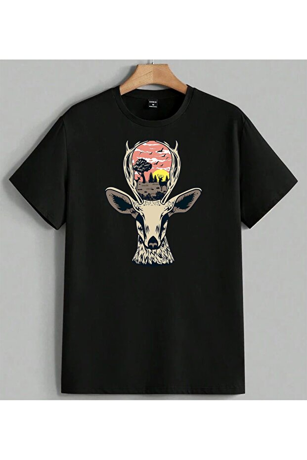 Deer Forest Natural Scenery Printed Unisex Oversize T-Shirt Black