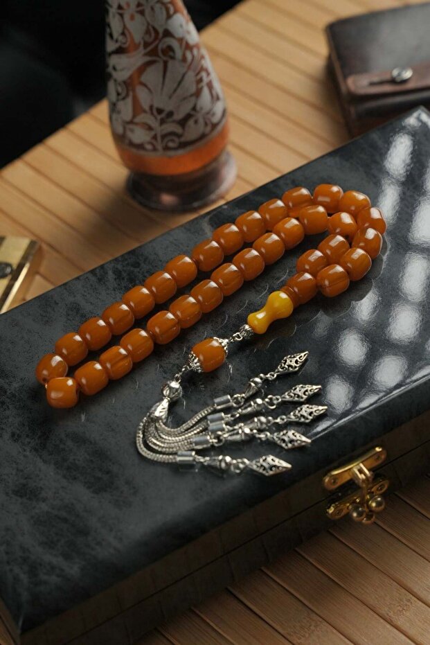 Şahin Ağa Series Metal Design Large Size Crimped Amber Prayer Beads